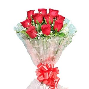 Floralbay Valentine's Day Special Fresh Flowers Red Rose Bunch in Cellophane Packing (Bunch of 10)