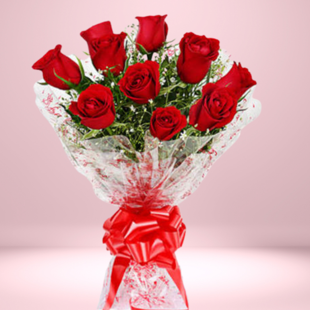 Fresh Red Roses Bouquetin Cellophane Wrapping (Bunch of 8)